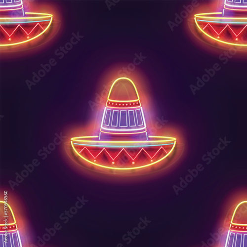 Seamless pattern with glow Sombrero, Ethnic Mexican Culture. Day of the Dead, Dia de los Muertos, Cinco de Mayo Holidays. Neon Light Texture, Signboard. Glossy Background. Vector 3d Illustration
