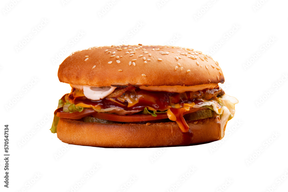 Classic burger with sauce, lettuce, tomatoes and cucumbers. Transparent. Classic burger with sauce, lettuce, tomatoes and cucumbers. Transparent.