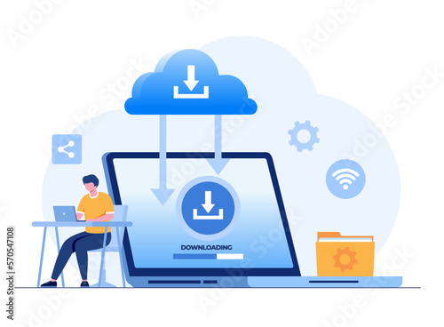 Cloud system, file download, database protection concept, data center, file management, flat illustration vector landing page template