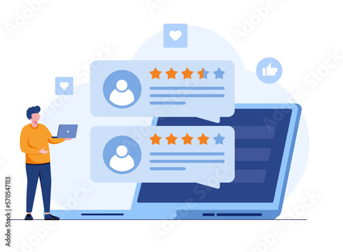 Rate us for 5 stars consumer review, pointing to five stars as a rating result, user rating or feedback. Flat vector illustration banner