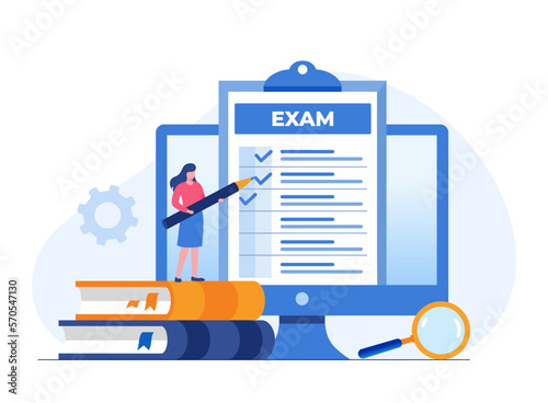Exam concept, examination, online test, answer, checklist, student, collage, flat illustration vector banner