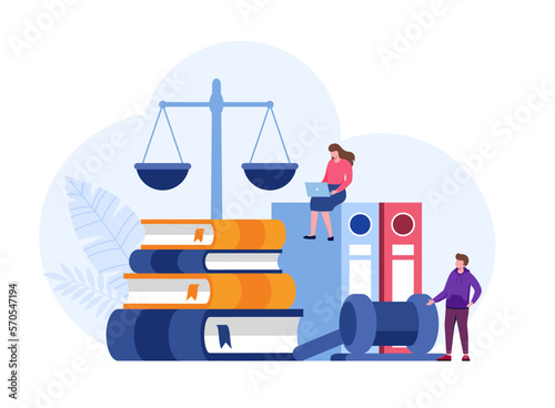 Law and justice scenes. lawyer consulting client, judge knocking with wooden hammer. Legal advice concept. Flat vector illustration banner