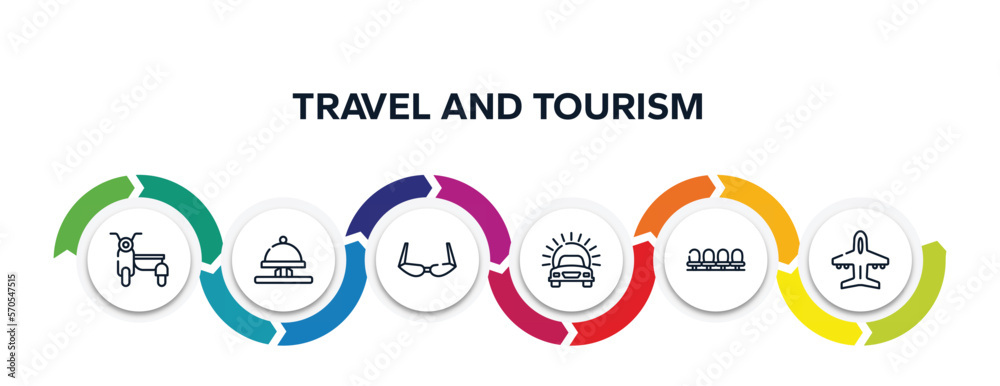 travel and tourism outline icons with infographic template. thin line icons such as sidecar, hotel bell ringing, old fashion glasses, car in front of the sun, waiting room, plane diagonal vector. travel and tourism outline icons with infographic template. thin line icons such as sidecar, hotel bell ringing, old fashion glasses, car in front of the sun, waiting room, plane diagonal vector.