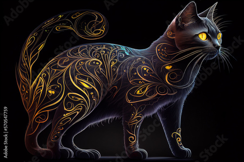 Gorgeous Black cat, full body, yellow eyes, Vivid colors, atmospheric effects, hyper-detailed, Super-Resolution, Megapixel, Post-Production, Cel Shading, Tone Mapping, 16K © Daniel