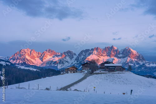 Sunrise on snow covered mountains in the Austrian Alps - Wilder Kaiser, Ellmau/ Kitzbühel, Tirol
