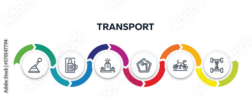 transport outline icons with infographic template. thin line icons such as gearshift, luggage locker, luggage scan, left turn, road bike, 4wd vector.