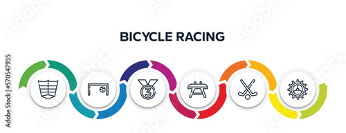 bicycle racing outline icons with infographic template. thin line icons such as abs, football goal, third place, vaulting horse, field hockey, crank vector.
