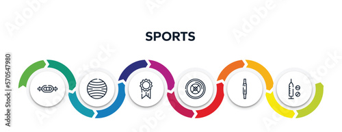 sports outline icons with infographic template. thin line icons such as swiss bar, yoga ball, first place, weight plates, fitness watch, doping vector.