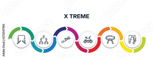 x treme outline icons with infographic template. thin line icons such as horizontal bars, playoff, free flying, mountain bike, belts, abseiling vector.