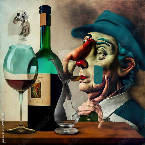 Wine lover. Collage art of anonymous people drinking wine. Surrealism concept. Abstract contemporary pop art collage. Different forms, glass and objects on the backdrop. Modern style poster. photo