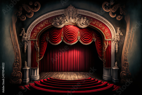Timeless theater stage with red curtain and seats for an emotional play. Ideal for posters, graphic design or other applications. Generative AI