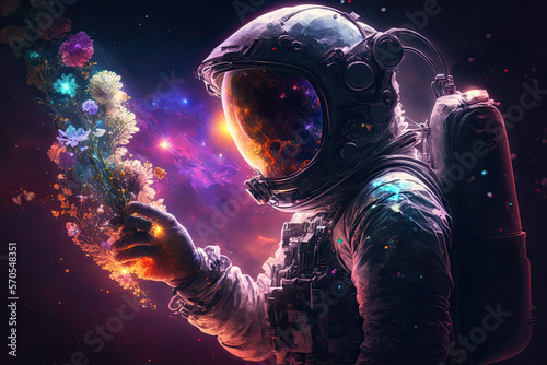 a man in a astronaut suit holding flowers, generative AI