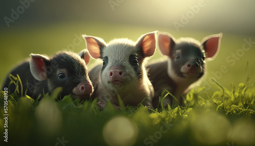 Spring greenish meadow with piglets with blurry outcross, easterly scene, nice lighting, farmlife, livestock. AI Generated Art. © Slothland Studio