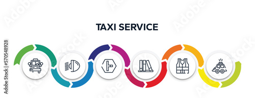 taxi service outline icons with infographic template. thin line icons such as bus front with driver, car light, t junction, three books, high visibility vest, hackney carriage vector.