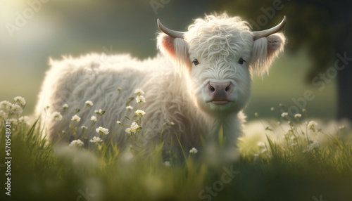 Spring juicy meadow with white highland cattle sleeping in grass beautifully, morning sun light, blur in background, blur drop. AI Generated Art.