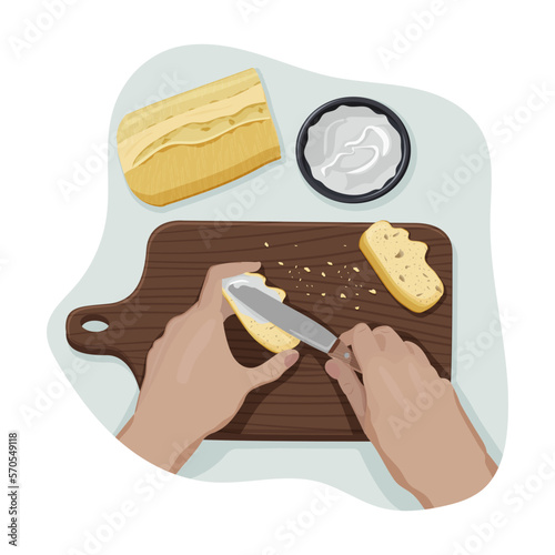 Hands of young person spread cream chese on a crispy slice of bread with knife on a wooden cutting board with crumbs from personal point of view. Process of cooking. Vector flat isolated concept