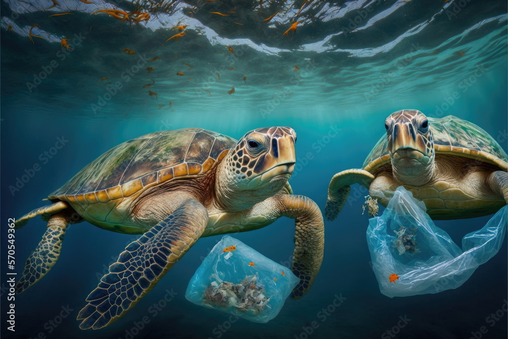 Turtles are eating plastic bags in the sea, Made by AI,Artificial ...
