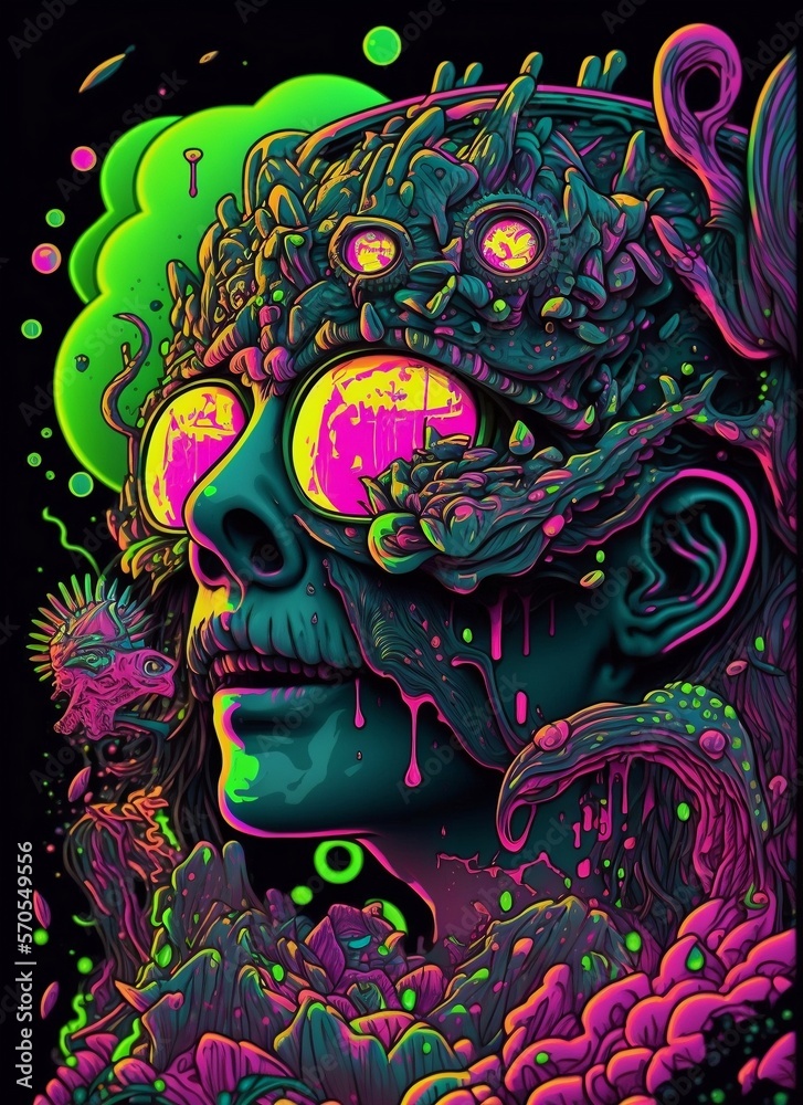 Psychedelic hallucinations. Vibrant illustration. Surreal images. Template for cards, stickers, baners, posters, web, social media, print.