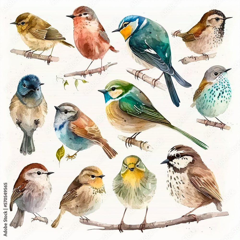 A cute collection of a bird on white background. Generative AI A cute collection of a bird on white background. Generative AI