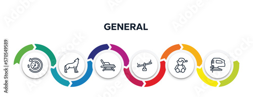 general outline icons with infographic template. thin line icons such as rewind time, wolf howling, deckchair, balancer, teddy bear with sleep hat, fretsaw vector.