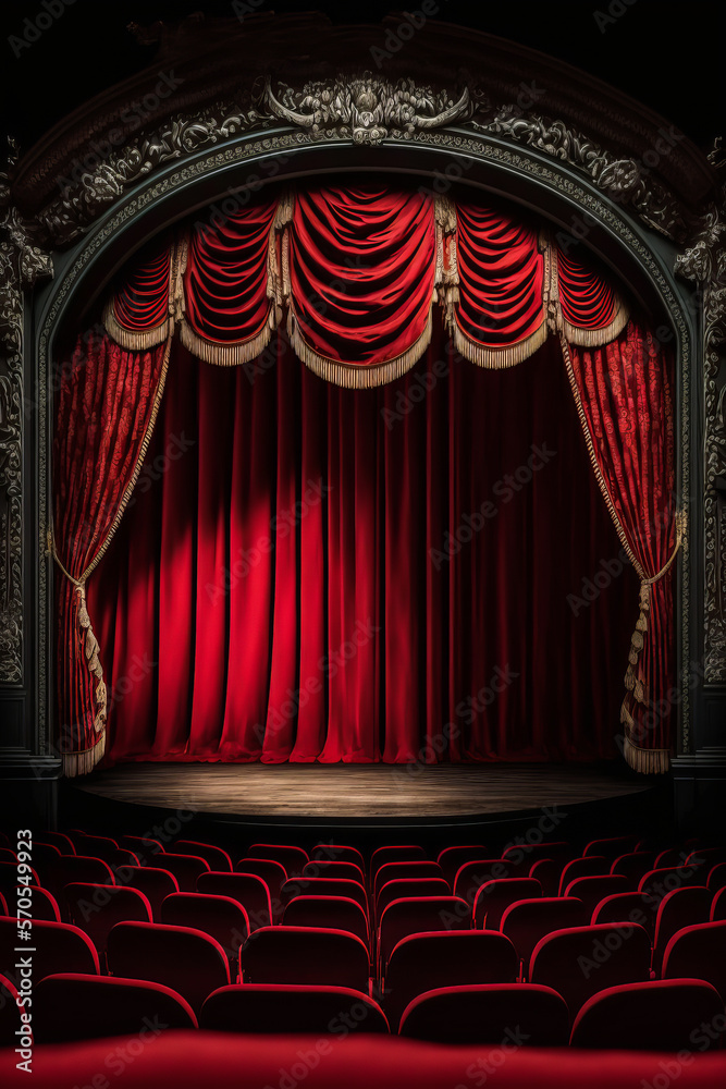 Typical theater poster with an elegant red curtain and a stage. A perfect image for theatrical projects highlighting the historical and moving atmosphere. Generative AI - obrazy, fototapety, plakaty 