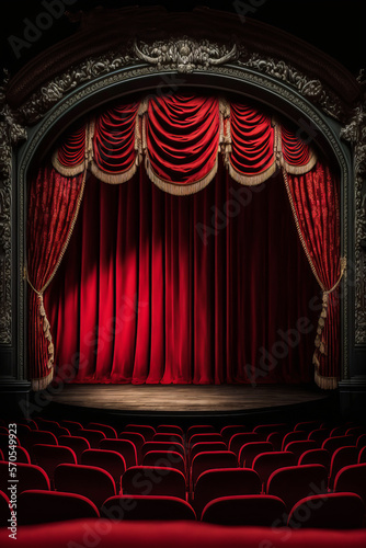 Typical theater poster with an elegant red curtain and a stage. A perfect image for theatrical projects highlighting the historical and moving atmosphere. Generative AI