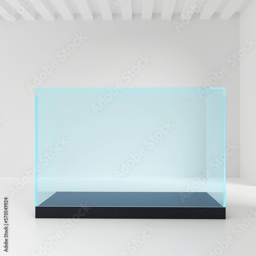 Empty glass showcase in cube shape for presentation on white