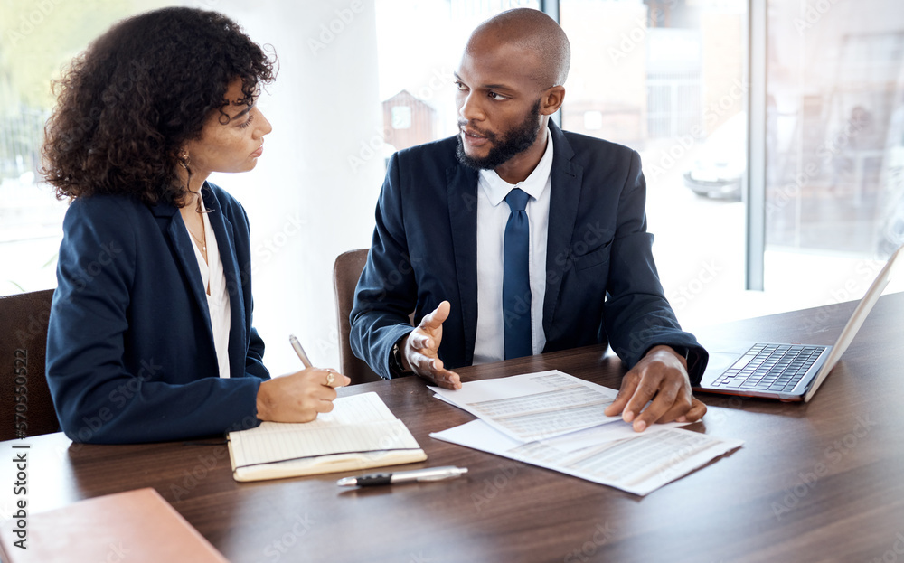 Business, planning and black people meeting with documents, report and contract review in office. Financial advisor, investment management and corporate teamwork for feedback, b2b ideas and strategy Business, planning and black people meeting with documents, report and contract review in office. Financial advisor, investment management and corporate teamwork for feedback, b2b ideas and strategy
