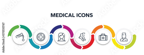 medical icons outline icons with infographic template. thin line icons such as test tube, flask and drop of blood, hospital medical, brunette female woman long hair, tiptoe feet, first aid kit bag,