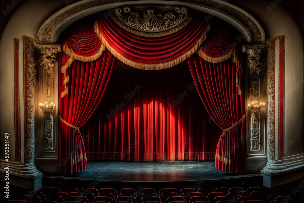 A theater poster evoking a timeless scene with a red curtain, inviting to discover a play full of history. Generative AI