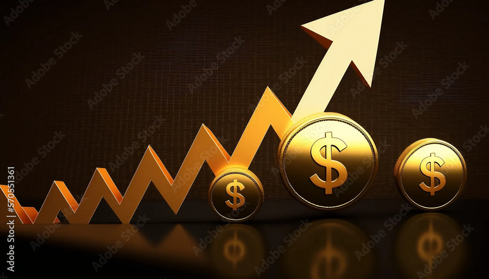 graph with arrow and dollar, background with dollar symbols, gold bar ...
