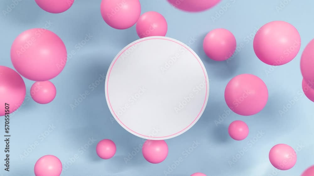 3D Animation - Looped animated mockup with blank copy space circle and pink spheres around it on blue background. 3D Animation - Looped animated mockup with blank copy space circle and pink spheres around it on blue background.