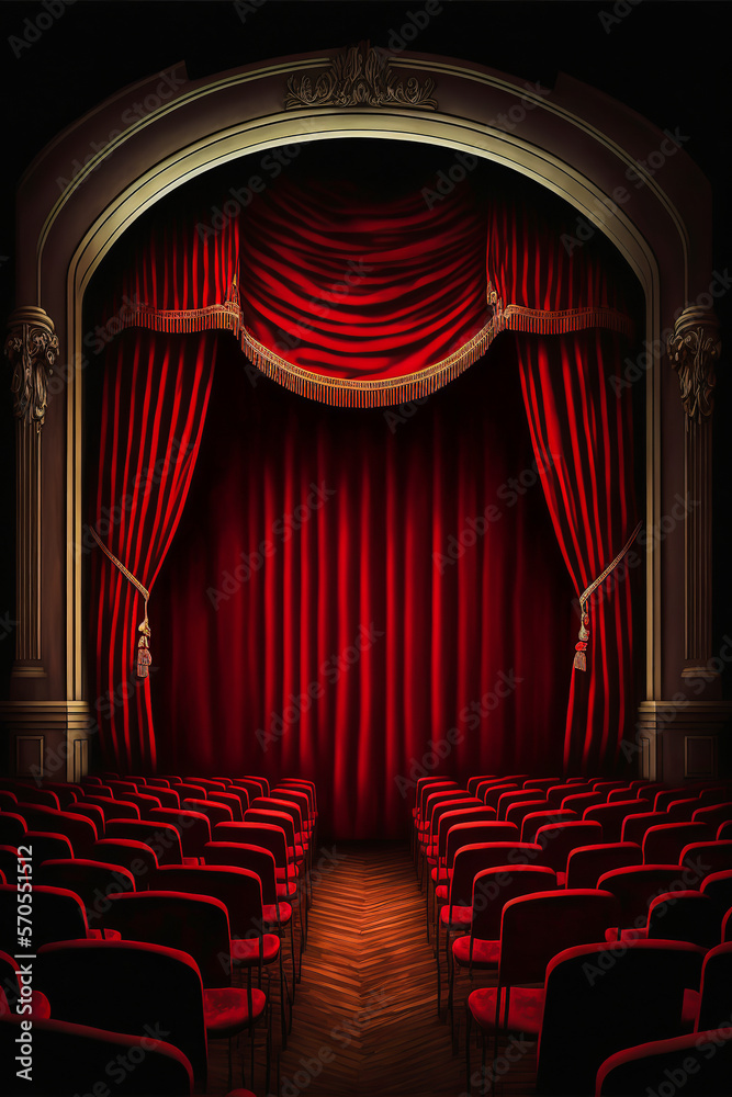 A red curtain and a theatrical stage, a place full of history and promise, ideal for creating a brightly colored poster for visual projects. Generative AI