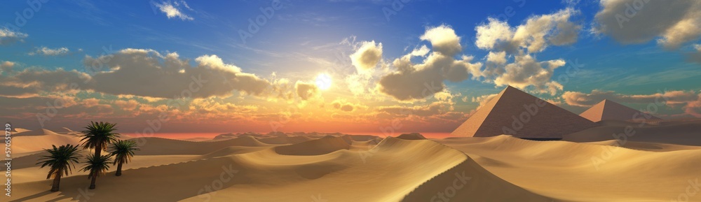 .Pyramids at sunset, Sunrise over the dunes, sand desert at sunset