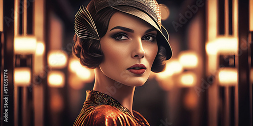 Elegant fashion woman dressed in retro art deco 20s style. Generative AI. 2