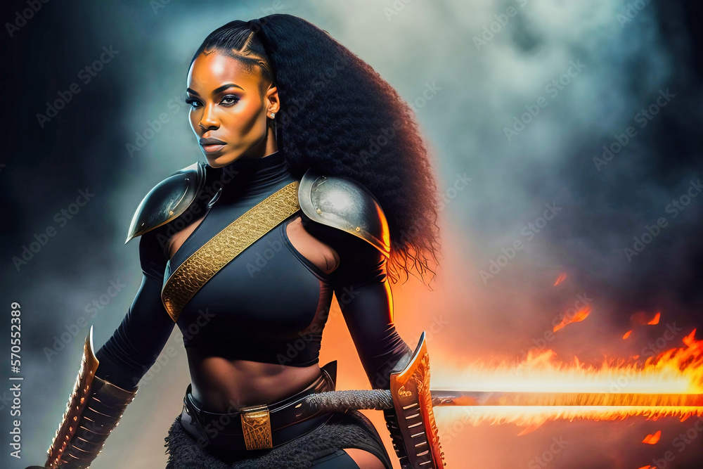 Young black fighter in a bare midriff with powerful shoulder guards and ...
