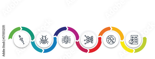 outline icons with infographic template. thin line icons such as pipette, bug, e coli, allergy, antibacterial, blister vector.