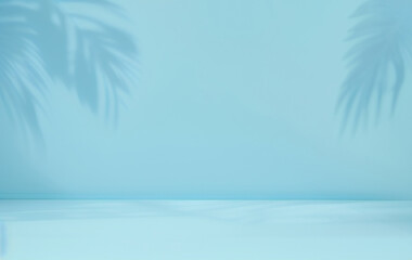 Blurred shadow from palm leaves on the blue wall. Minimal abstract background for product presentation. Spring and summer.