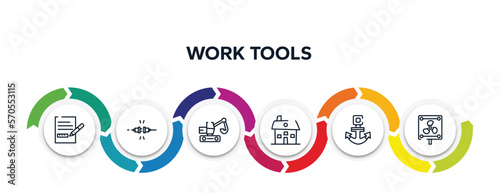 work tools outline icons with infographic template. thin line icons such as measures plan, plug for electric connection, digger, house hand drawn building, anchor navigational tool, vent vector.