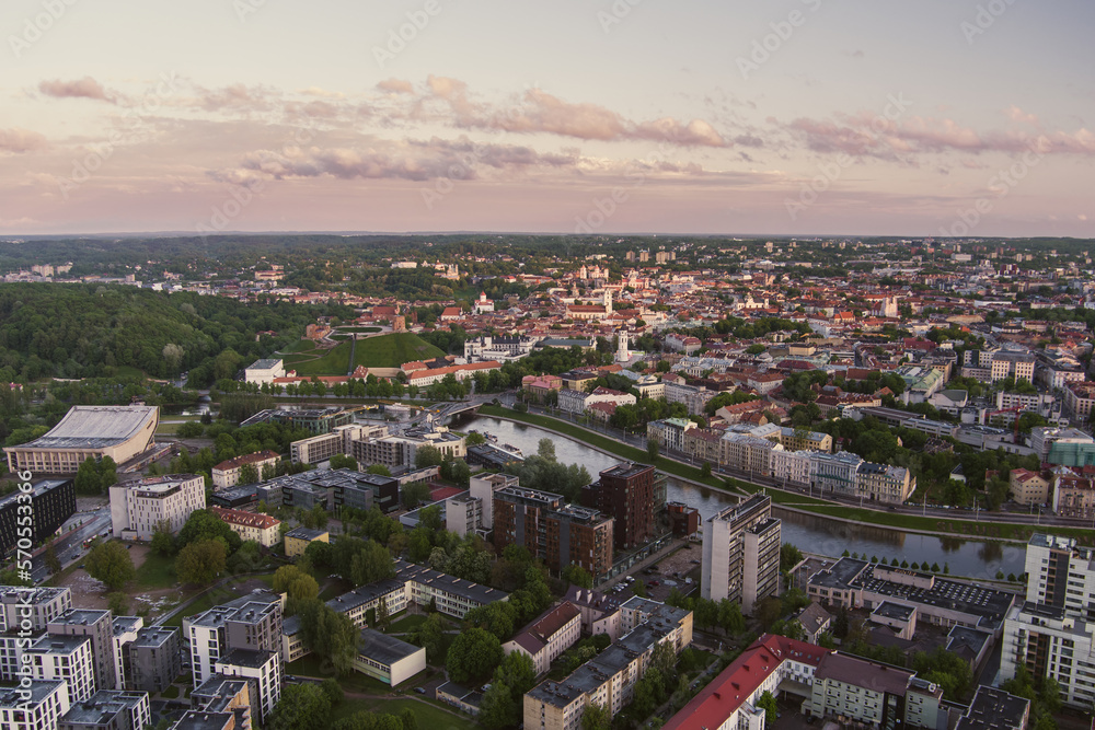Beautiful Vilnius city panorama in early spring. Aerial sunrise view.