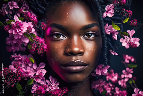 Beautiful black african girl face in pink blooming spring flowers, generative ai