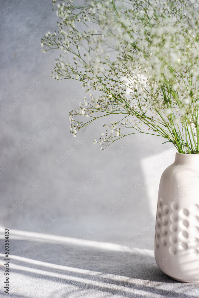 White gypsophila flowers in the ceramic vase