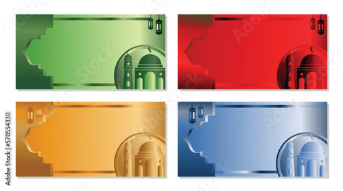 Islamic background with lantern ornament and mosque icon, banner and greeting card template. Vector illustration of Muslim holidays