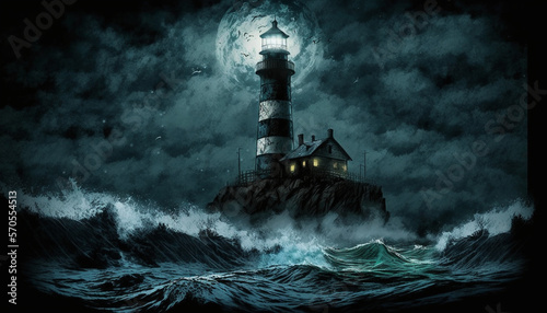 Lighthouse Night, Generative AI, Illustration