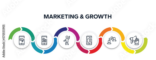marketing & growth outline icons with infographic template. thin line icons such as battery charge, no, enjoy, themes, job interview, strenght vector.
