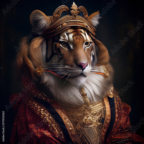 tiger dressed as royalty, gown, crown, tiger king concept, ai generated