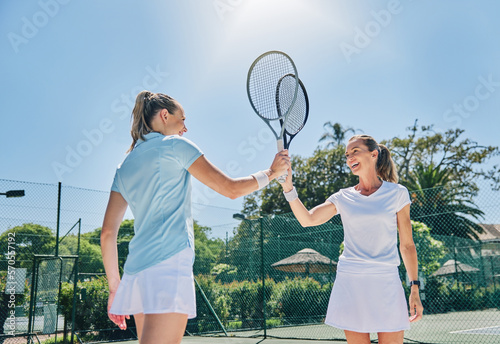Cuadro en lienzo Tennis, racket high five and women teamwork for sport game outdoor for exercise and fitness