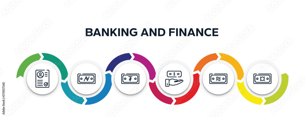 banking and finance outline icons with infographic template. thin line icons such as chance, workplace, criminal, optimization, comments, money growth vector.