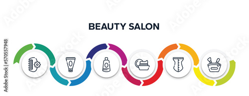 beauty salon outline icons with infographic template. thin line icons such as hair clamp, anti aging cream, ointment, facial cream, cor, little makeup box vector.