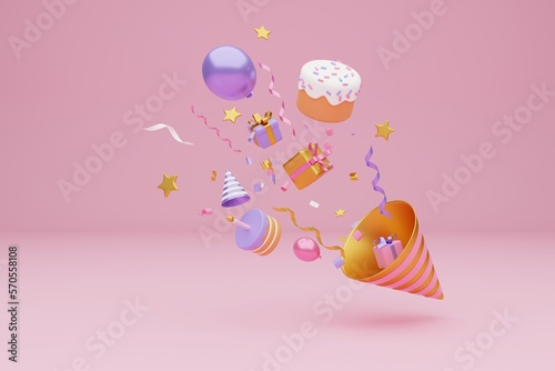 Festive background. Pastel pink and purple cake, balloons, gift boxes on light pink background. 3D rendering	